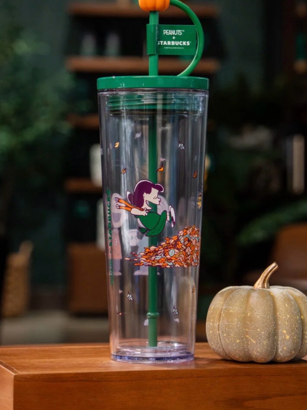 Starbucks Green Peanuts Autumn Leaves Reusable Tumbler